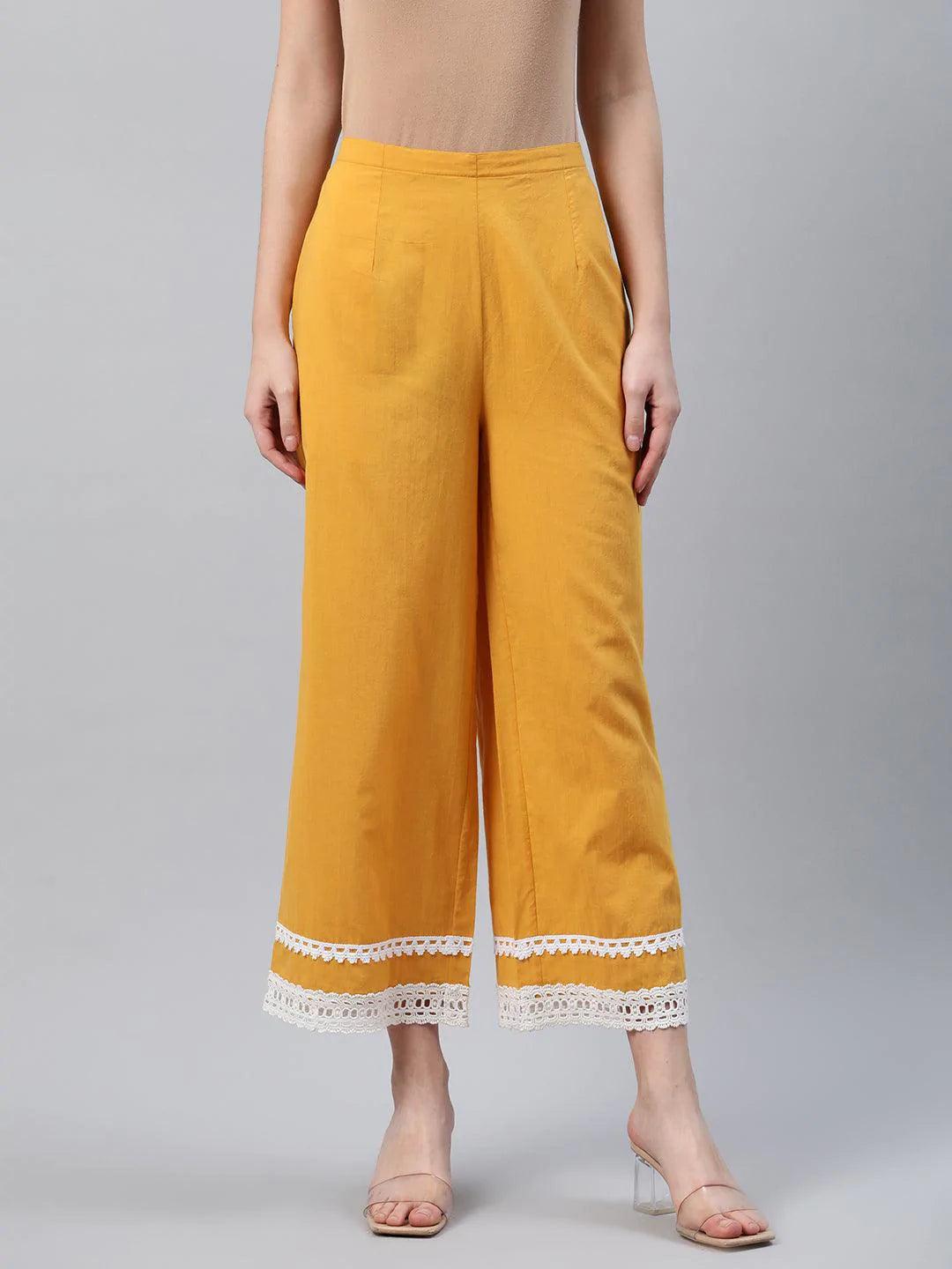 Yellow Solid Cotton Palazzos - ShopLibas