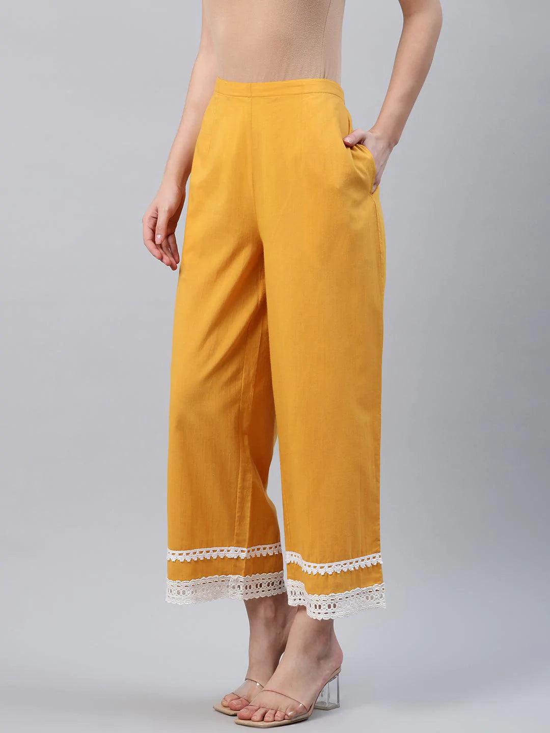 Yellow Solid Cotton Palazzos - ShopLibas