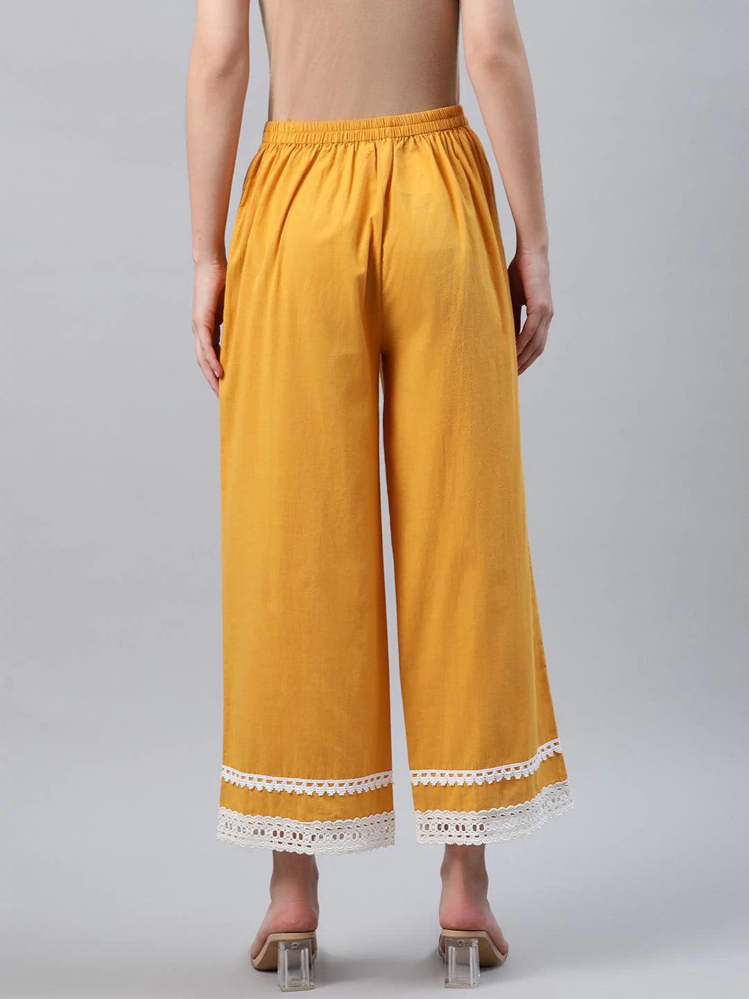 Yellow Solid Cotton Palazzos - ShopLibas