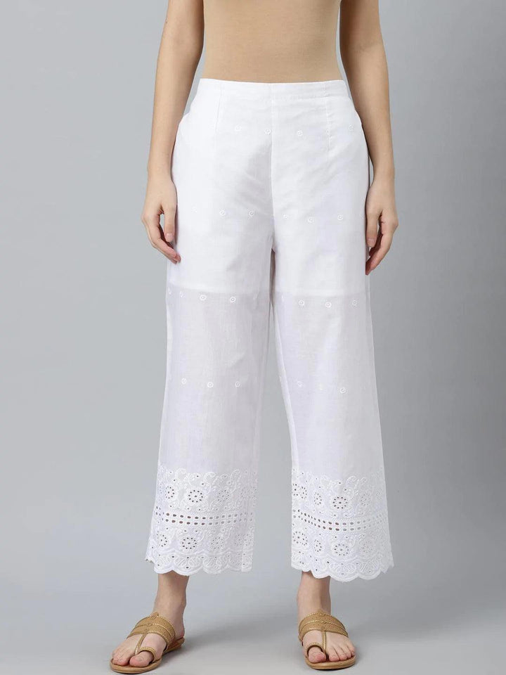 White Embroidered Cotton Palazzos - ShopLibas