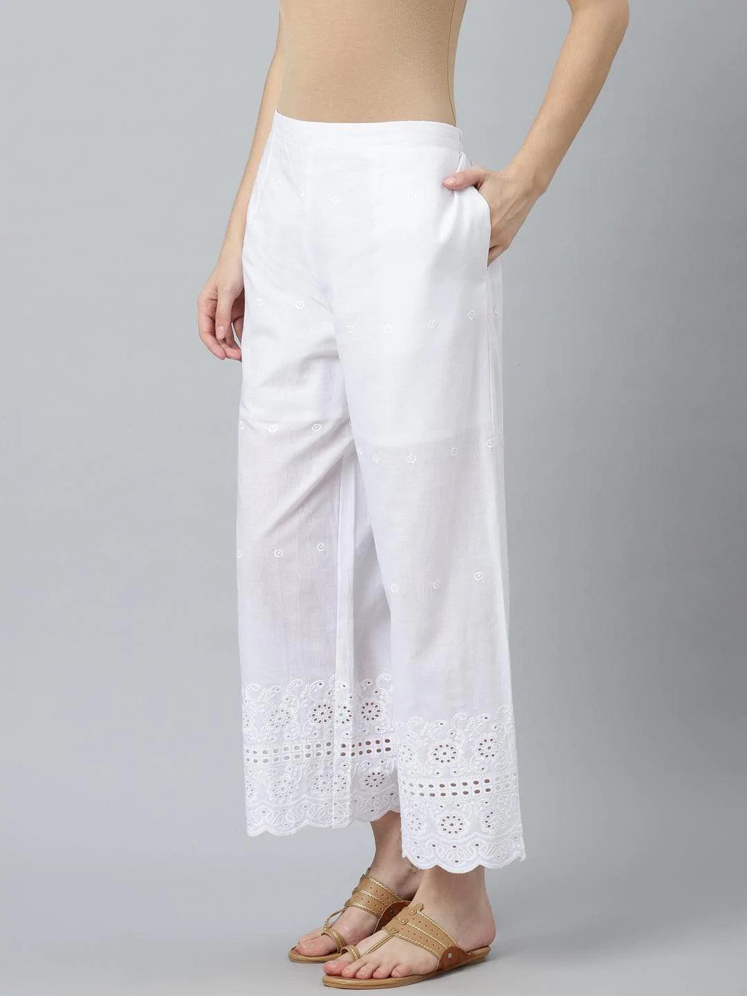 White Embroidered Cotton Palazzos - ShopLibas