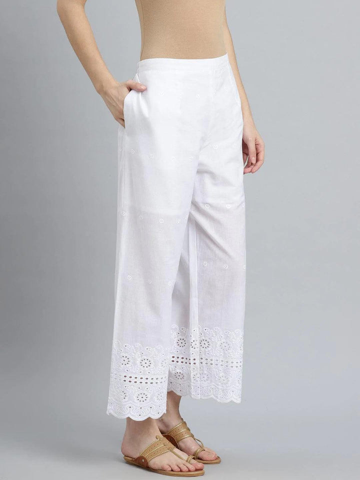 White Embroidered Cotton Palazzos - ShopLibas