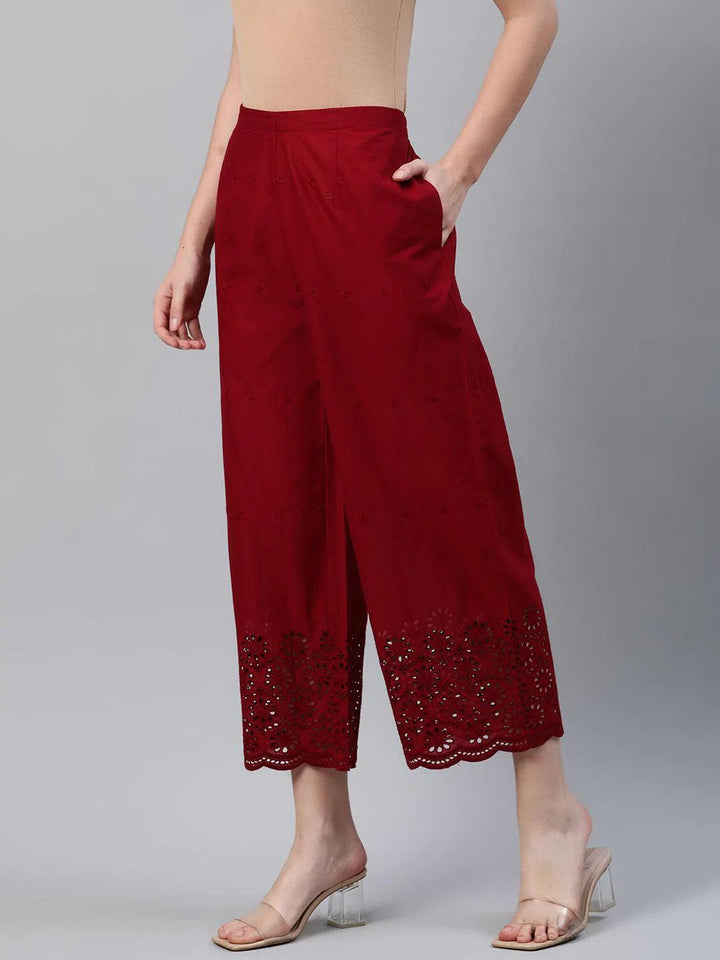 Maroon Embroidered Cotton Palazzos - ShopLibas