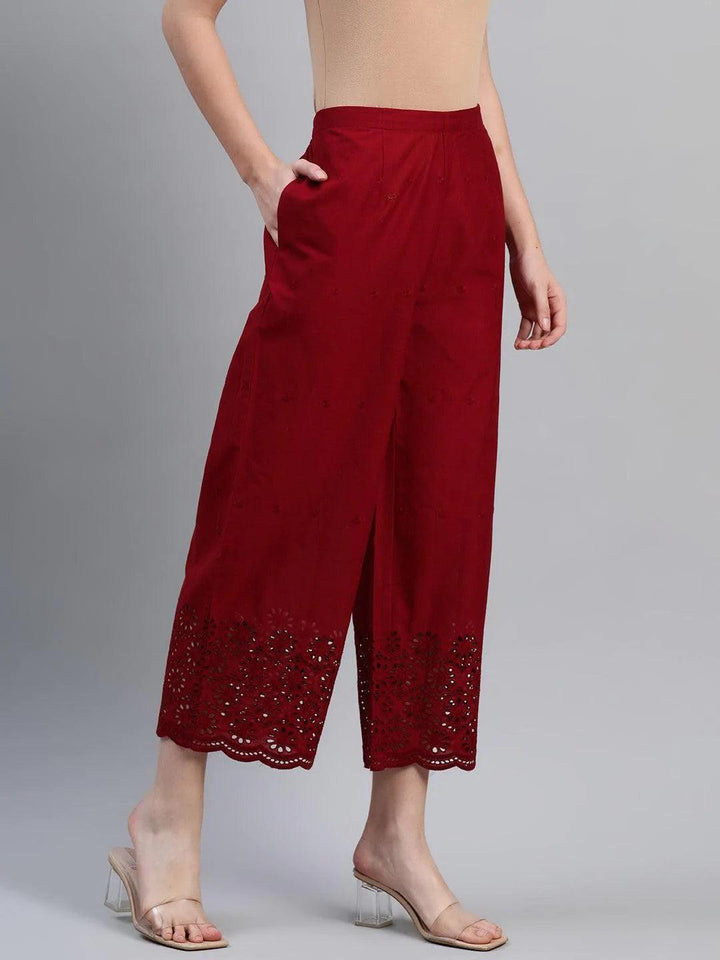 Maroon Embroidered Cotton Palazzos - ShopLibas