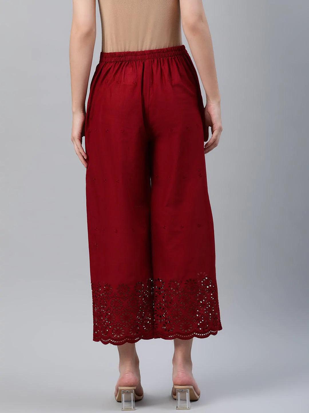 Maroon Embroidered Cotton Palazzos - ShopLibas