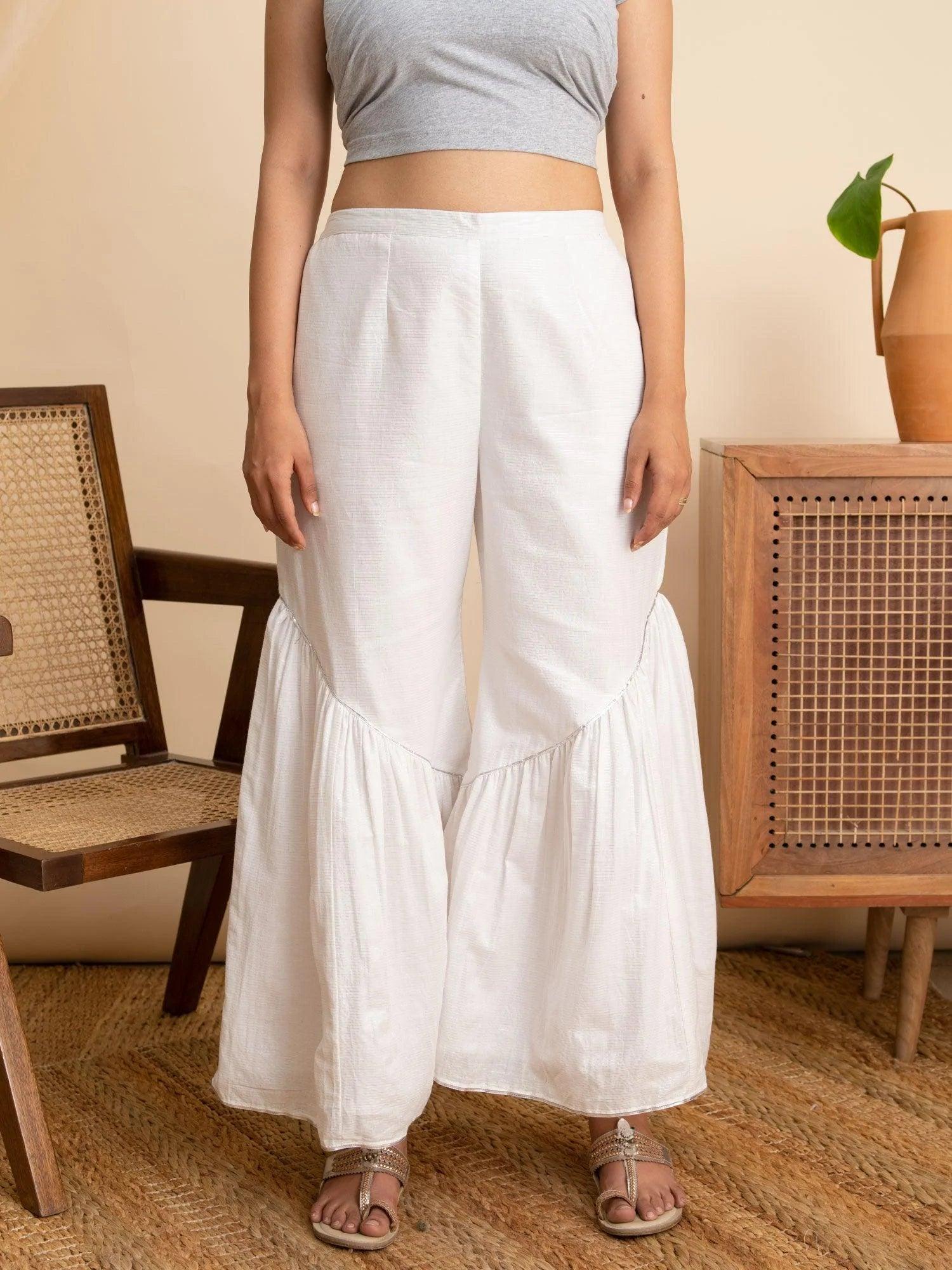 White Solid Cotton Sharara Pants