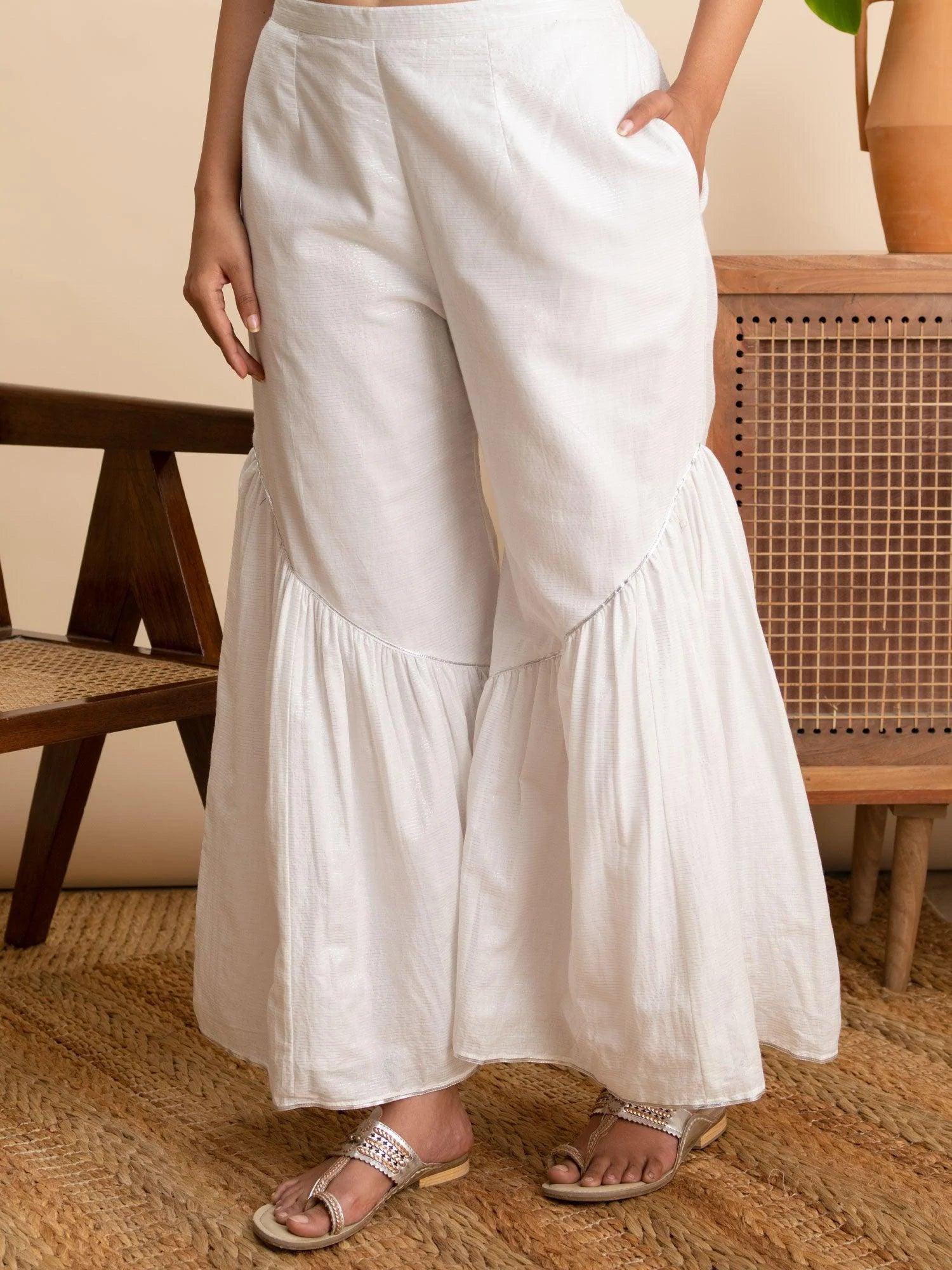 White Solid Cotton Sharara Pants