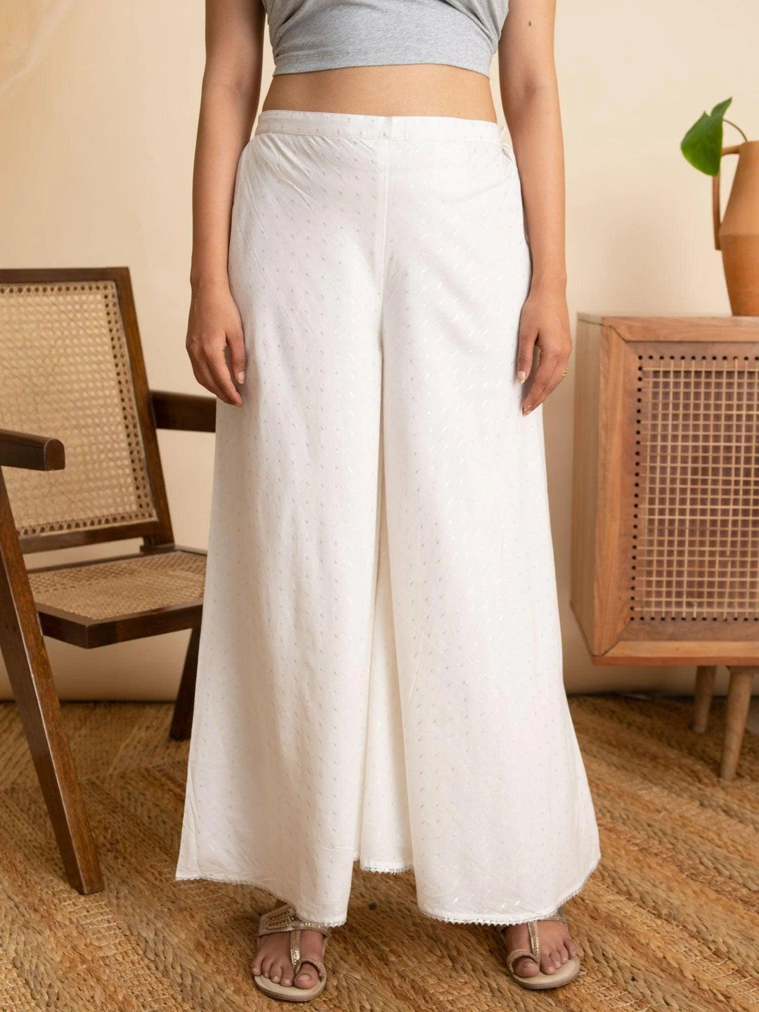 White Self Design Cotton Palazzos - ShopLibas