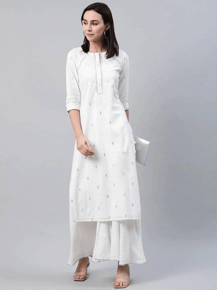 White Self Design Cotton Palazzos - ShopLibas