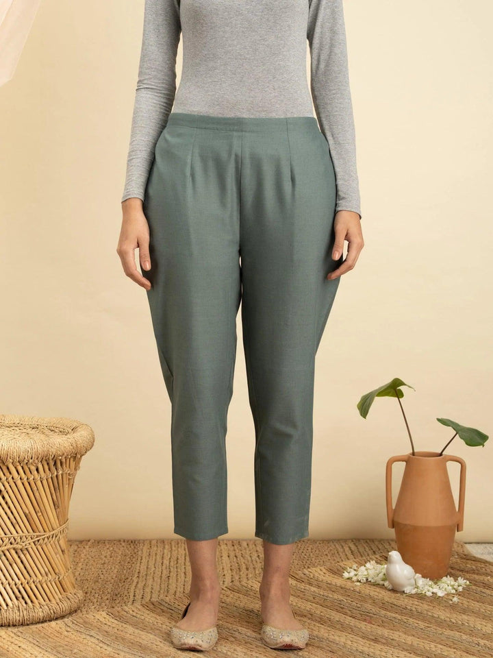 Green Solid Cotton Trousers - ShopLibas