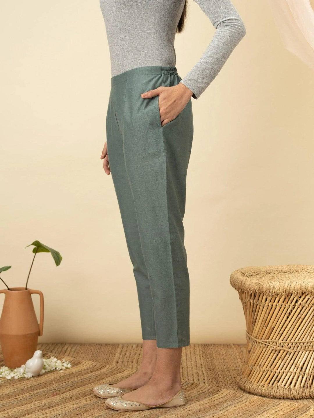 Green Solid Cotton Trousers - ShopLibas