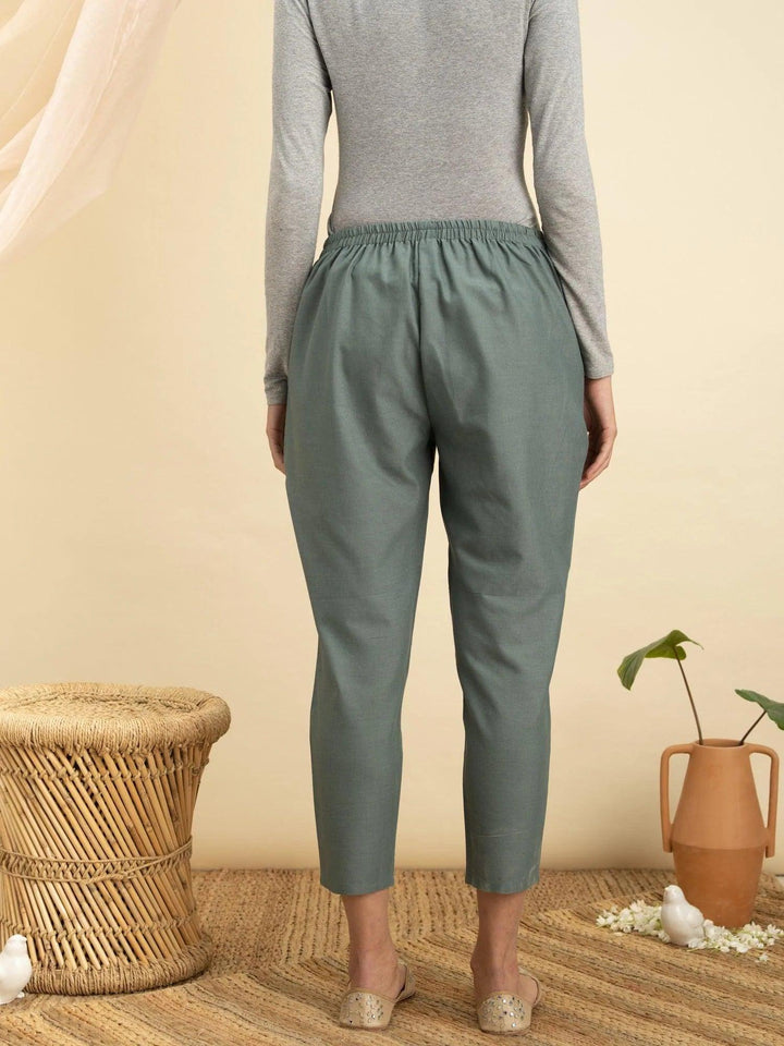 Green Solid Cotton Trousers - ShopLibas