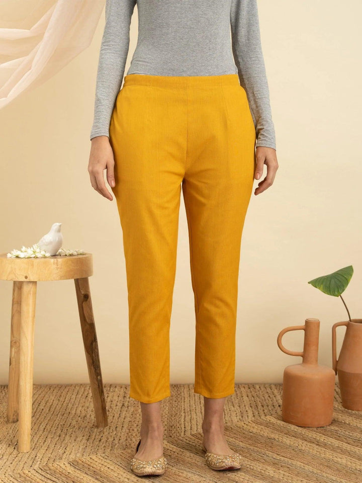 Yellow Solid Cotton Trousers - ShopLibas