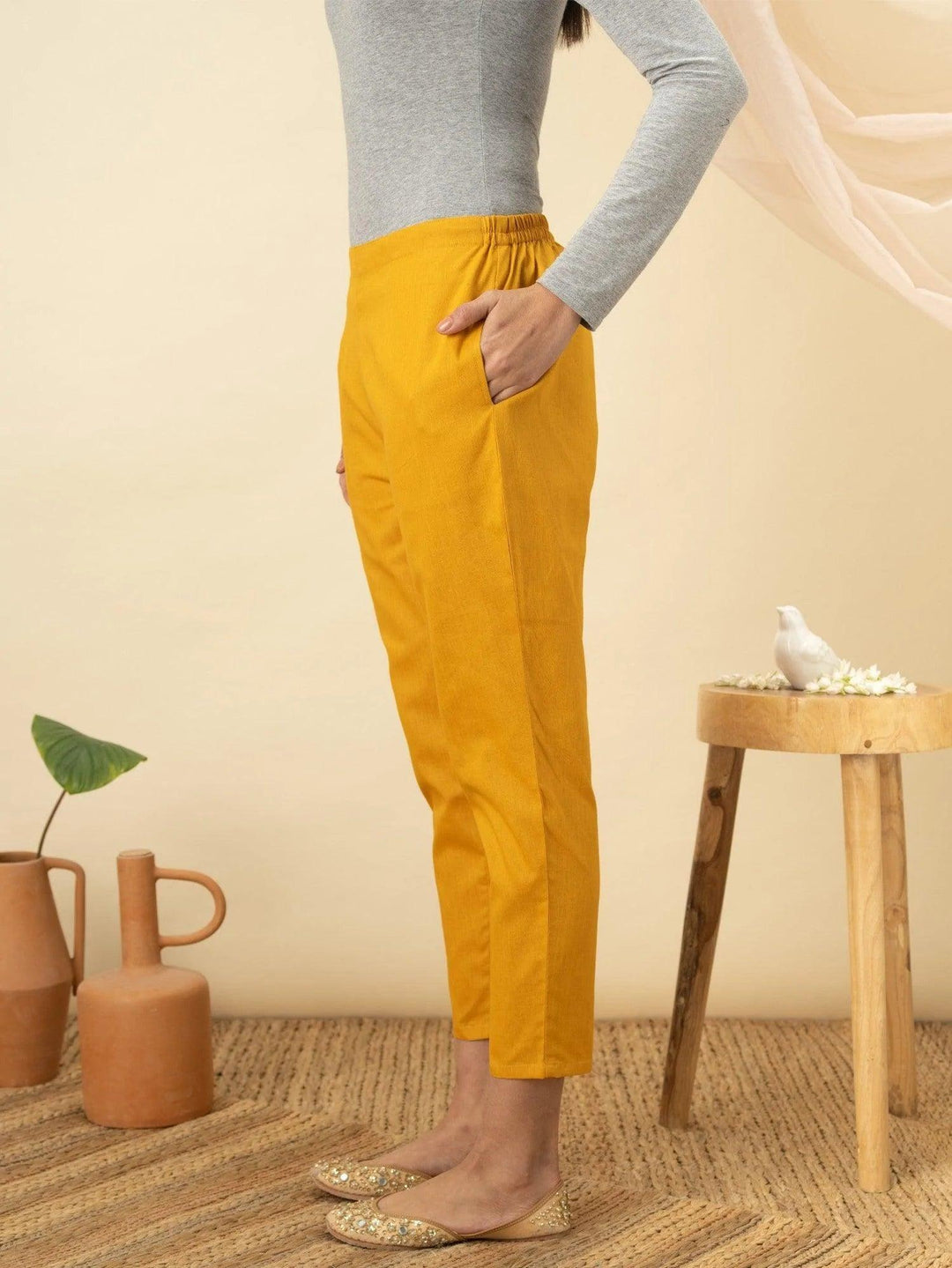 Yellow Solid Cotton Trousers - ShopLibas