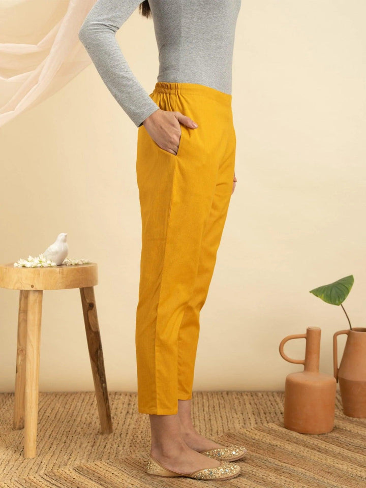 Yellow Solid Cotton Trousers - ShopLibas