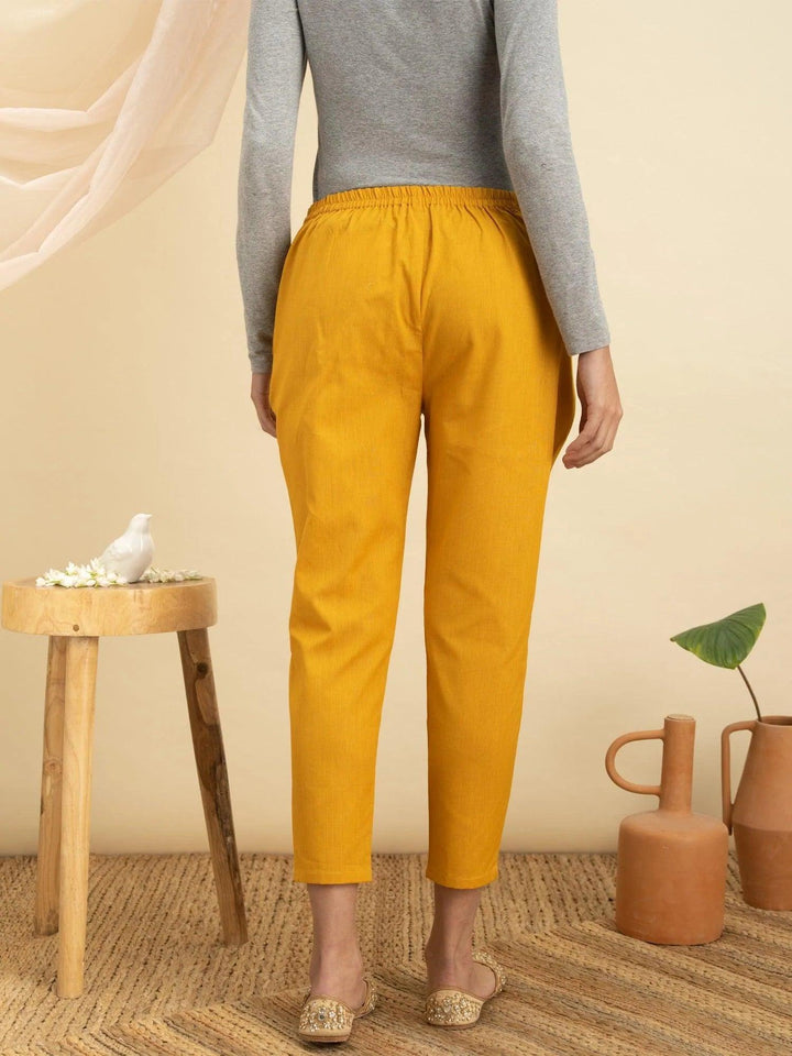 Yellow Solid Cotton Trousers - ShopLibas