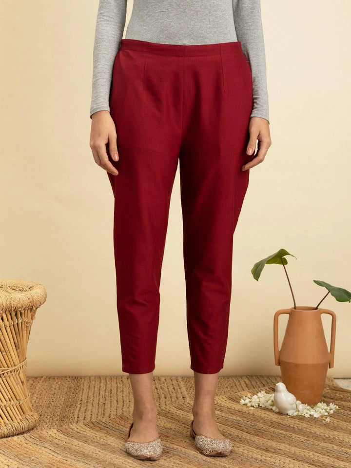 Maroon Solid Cotton Trousers - ShopLibas