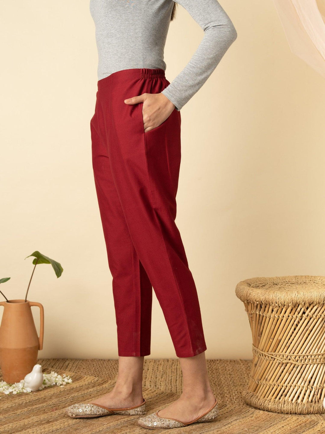 Maroon Solid Cotton Trousers - ShopLibas