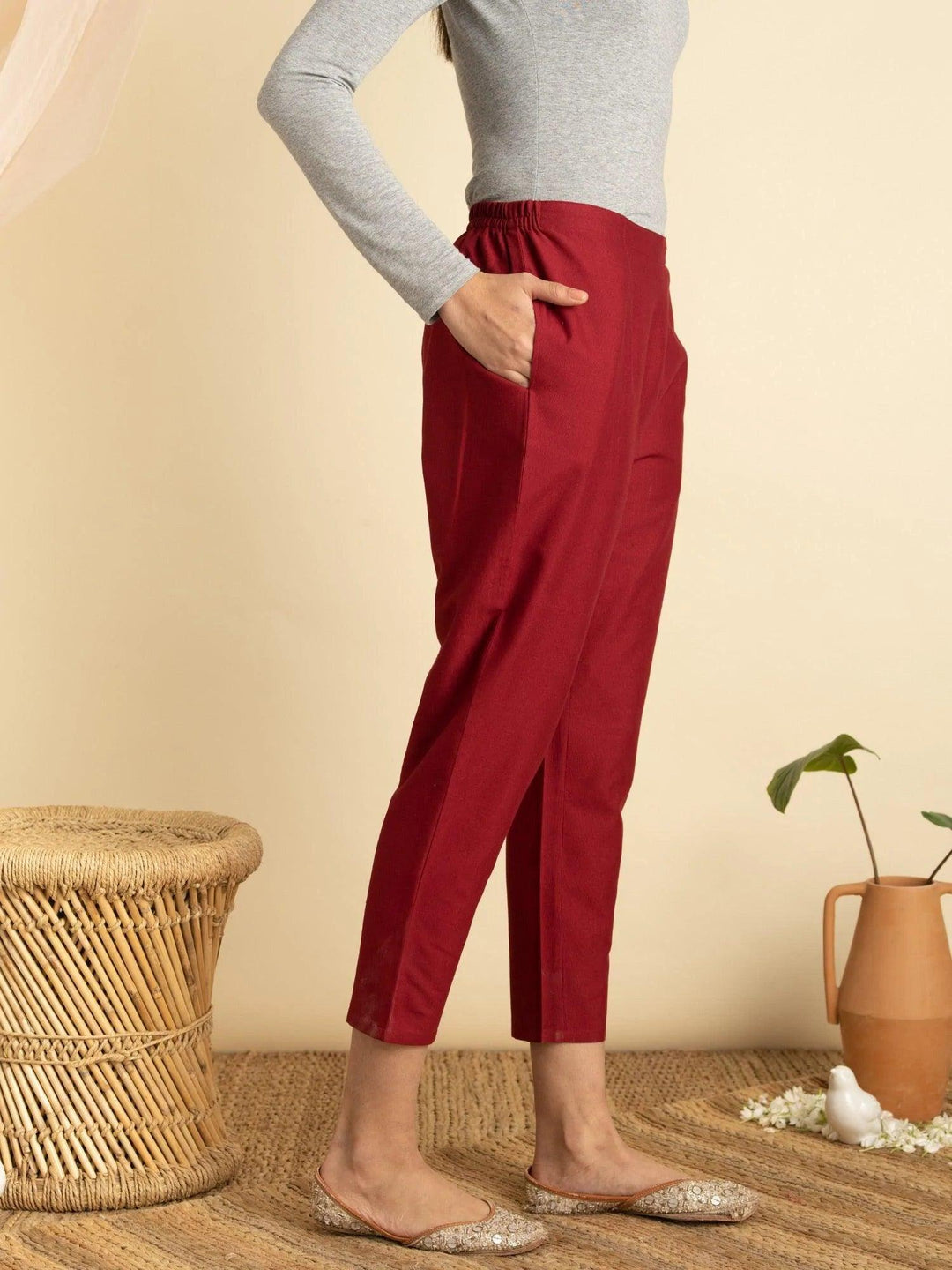 Maroon Solid Cotton Trousers - ShopLibas