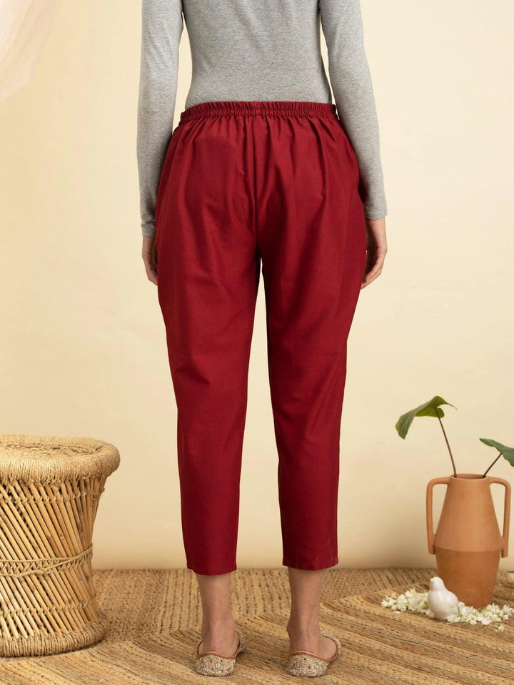 Maroon Solid Cotton Trousers - ShopLibas