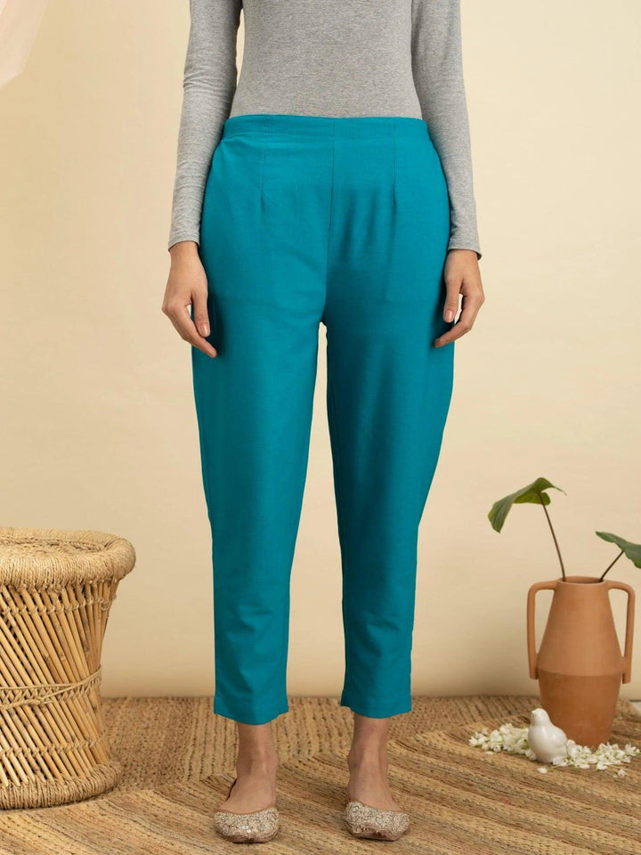 Blue Solid Cotton Trousers - ShopLibas