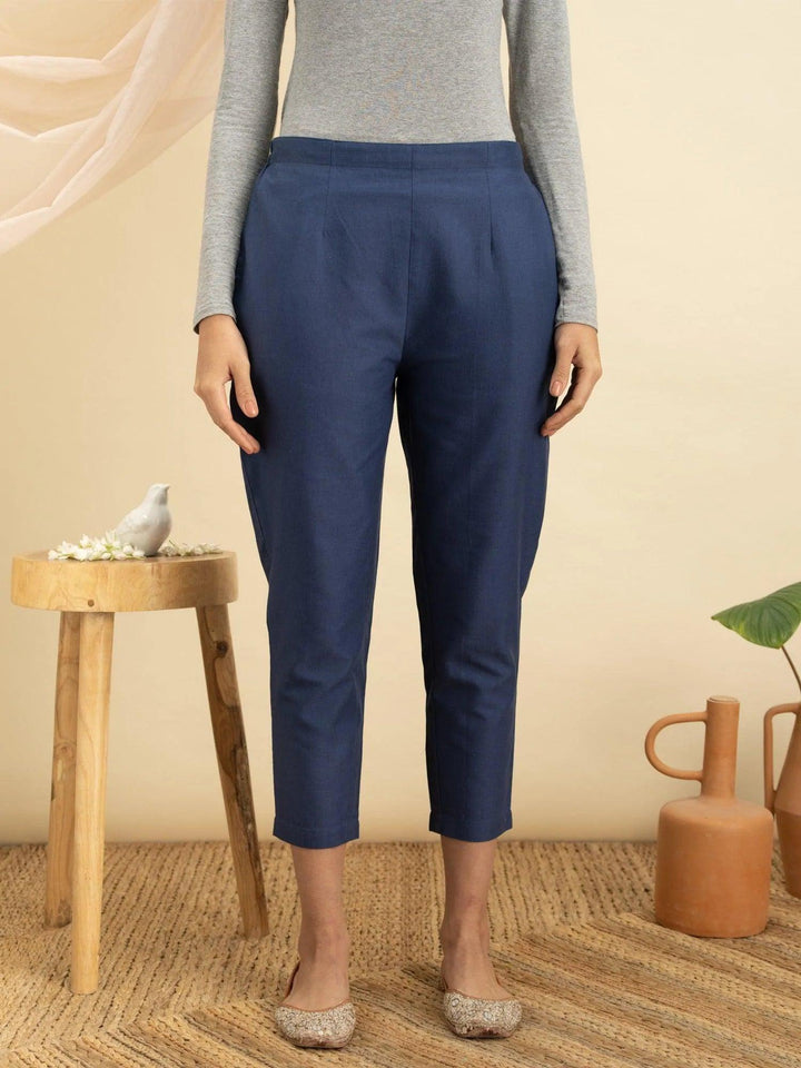 Blue Solid Cotton Trousers - ShopLibas