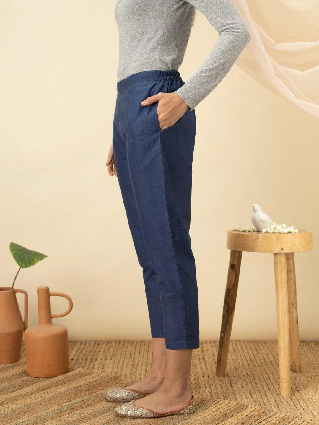 Blue Solid Cotton Trousers - ShopLibas