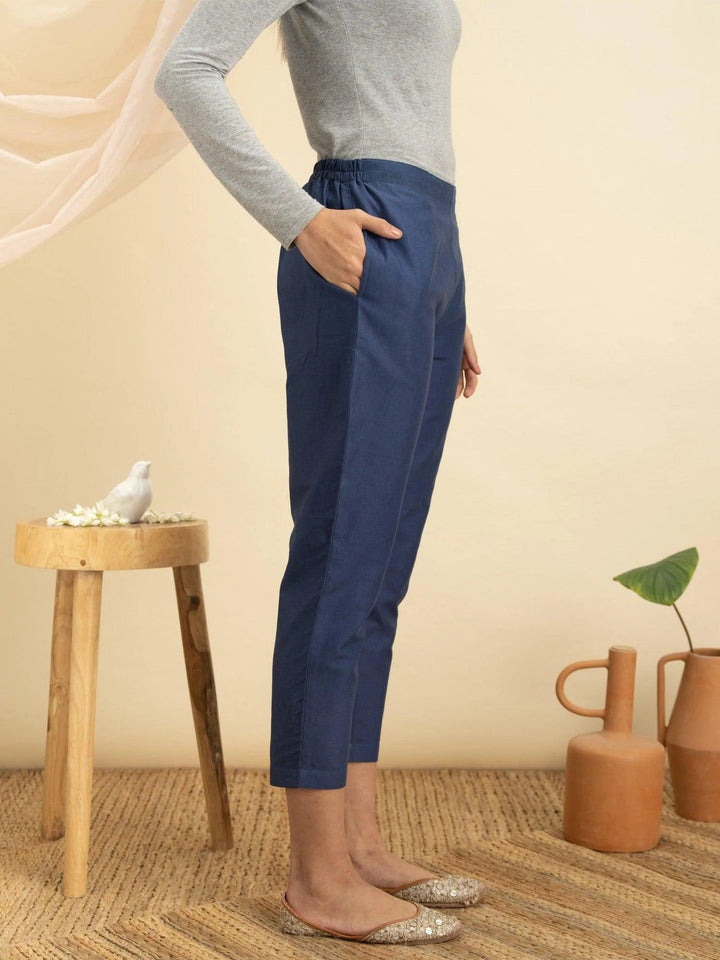 Blue Solid Cotton Trousers - ShopLibas