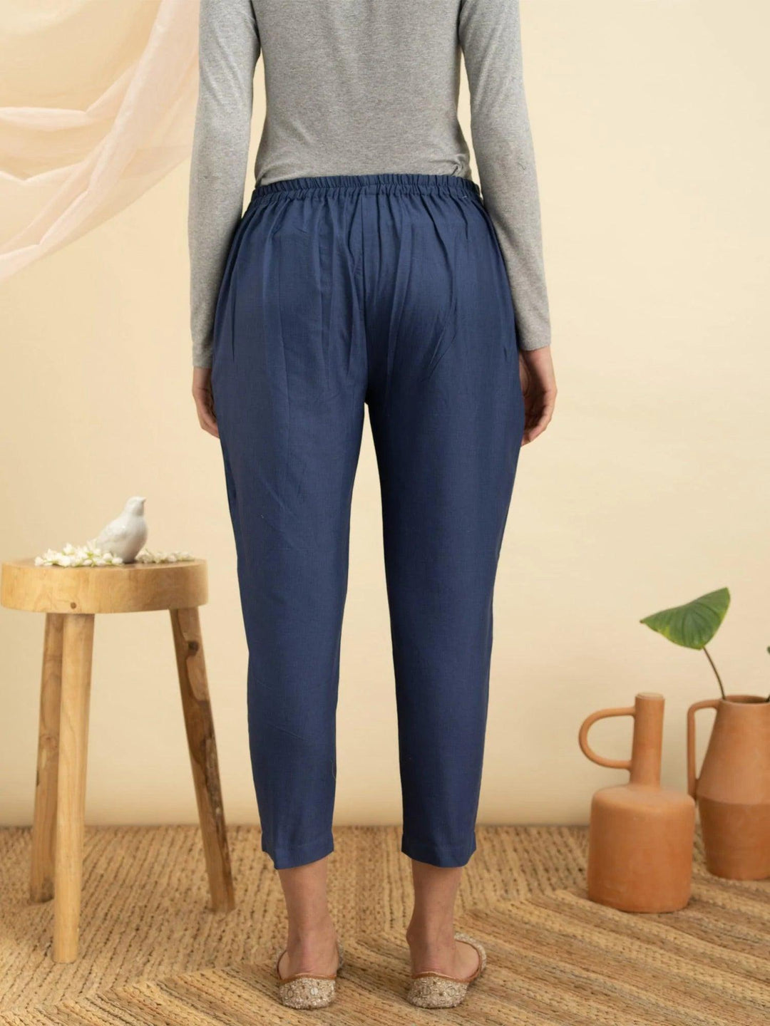 Blue Solid Cotton Trousers - ShopLibas