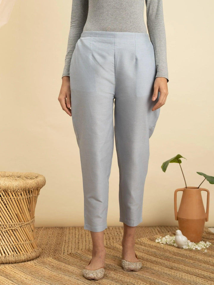 Blue Solid Cotton Trousers - ShopLibas