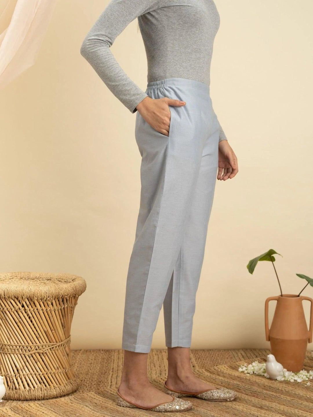 Blue Solid Cotton Trousers - ShopLibas