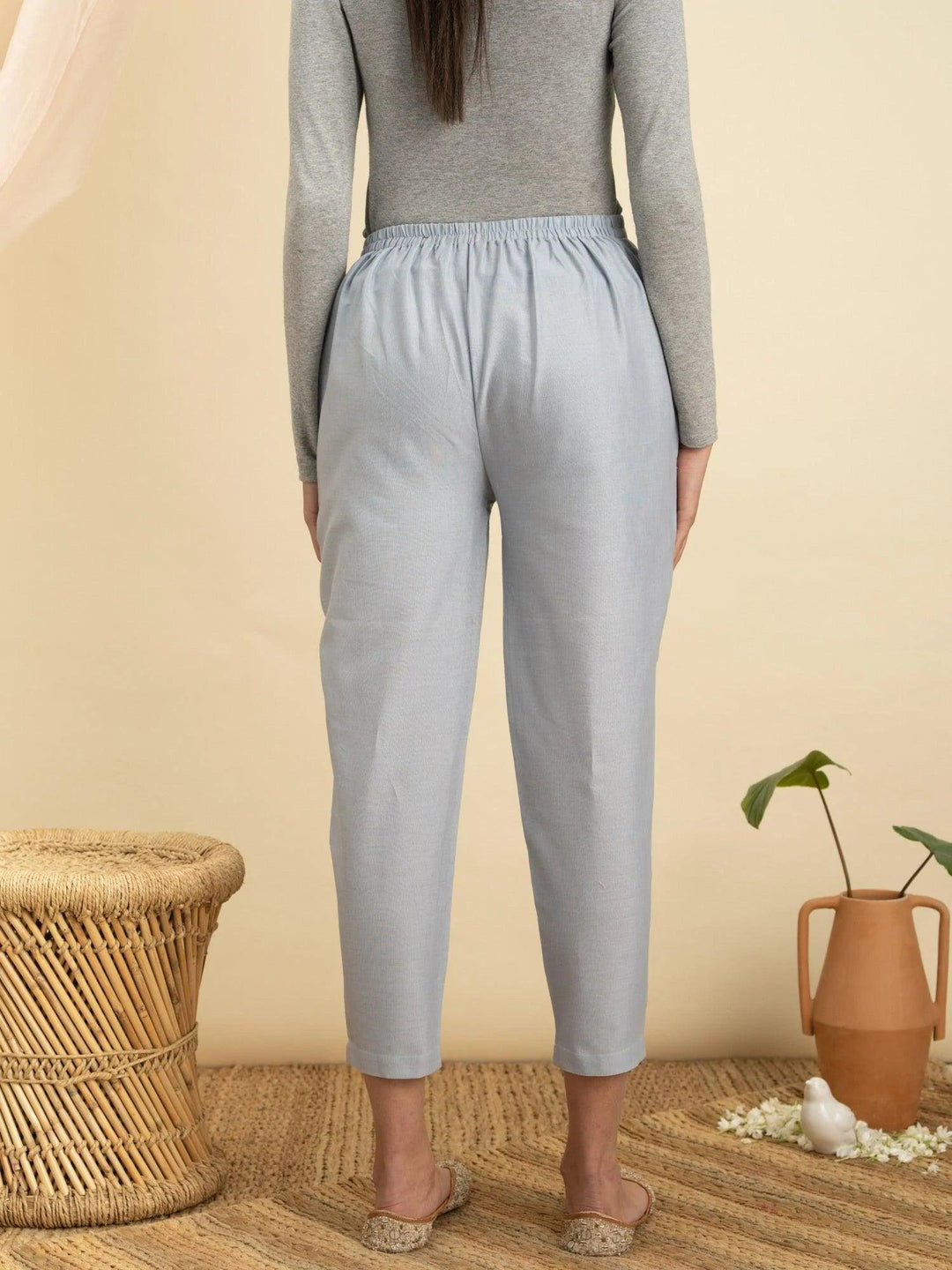 Blue Solid Cotton Trousers - ShopLibas