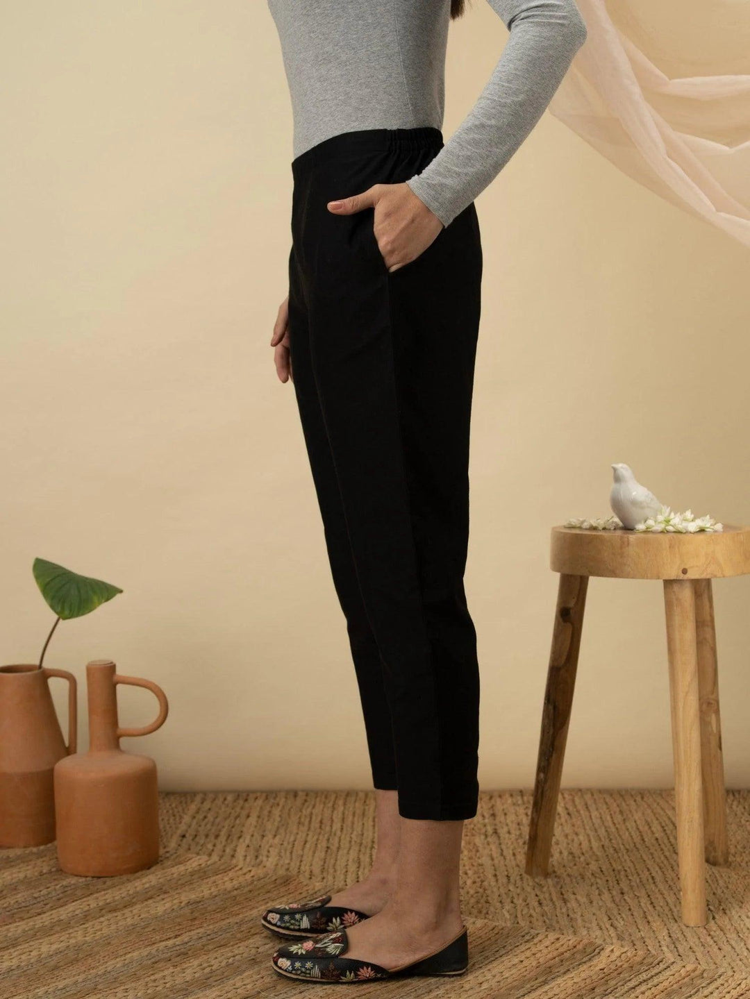 Black Solid Cotton Trousers - ShopLibas