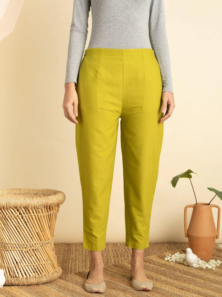 Green Solid Cotton Trousers - ShopLibas