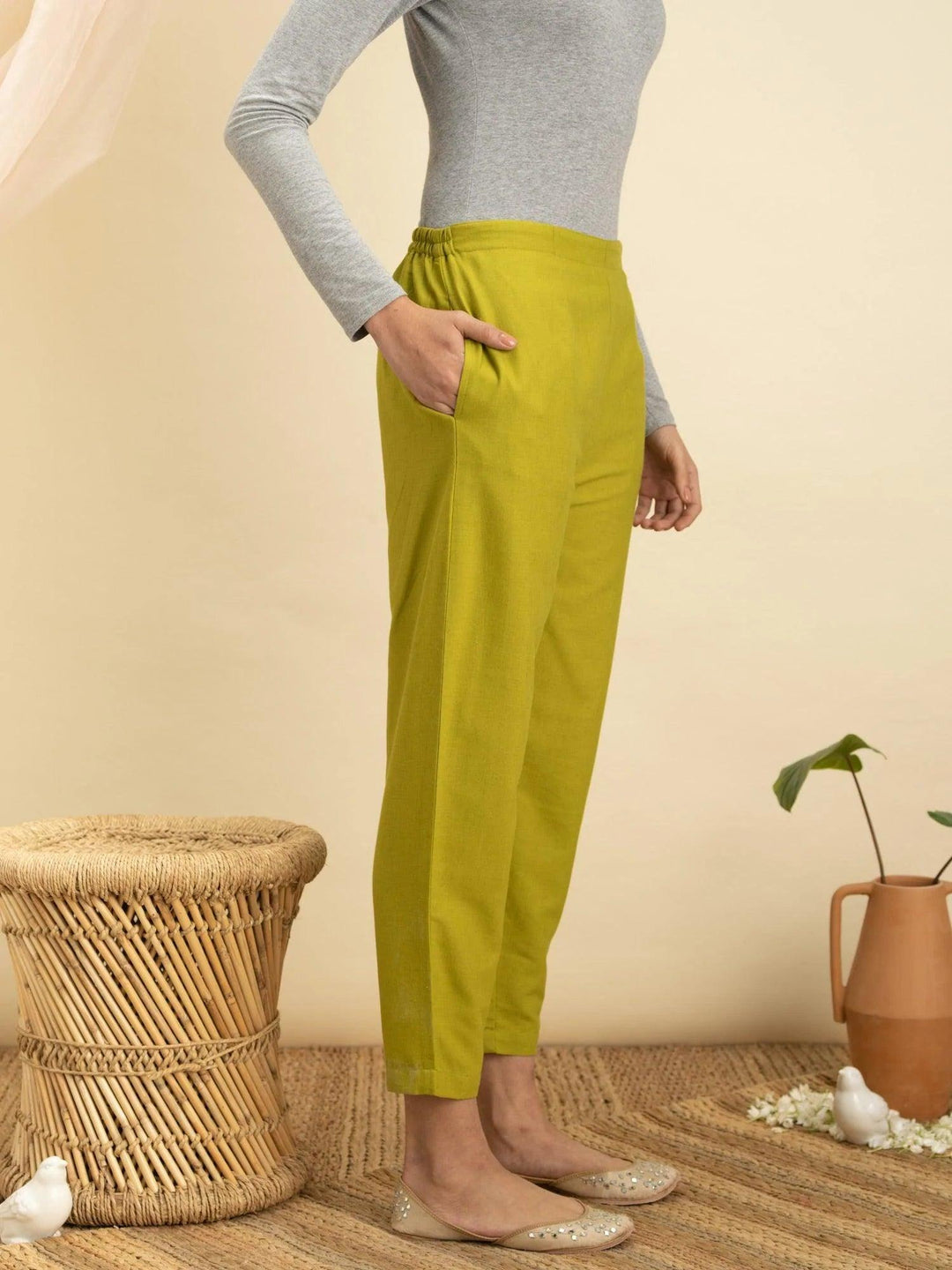 Green Solid Cotton Trousers - ShopLibas