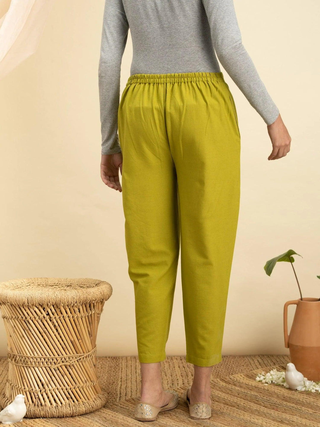 Green Solid Cotton Trousers - ShopLibas