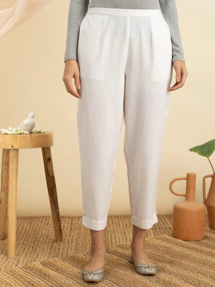 White Solid Cotton Trousers - ShopLibas