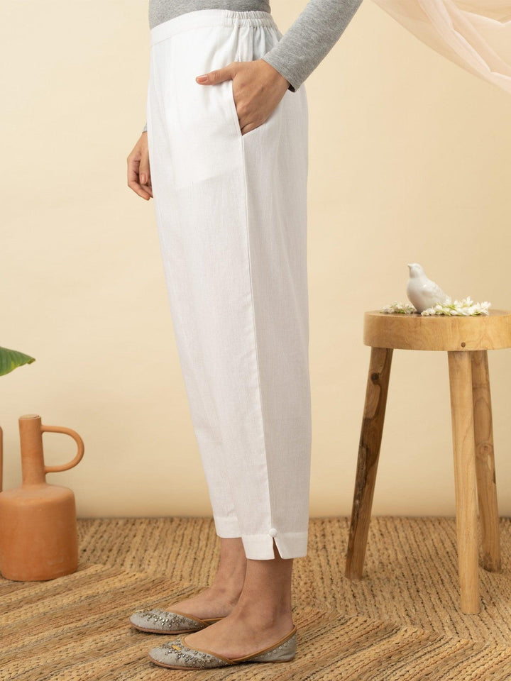 White Solid Cotton Trousers - ShopLibas