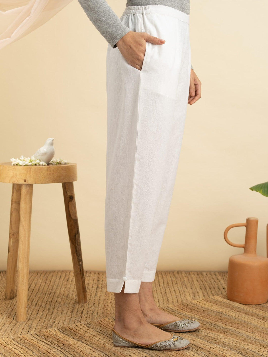 White Solid Cotton Trousers - ShopLibas