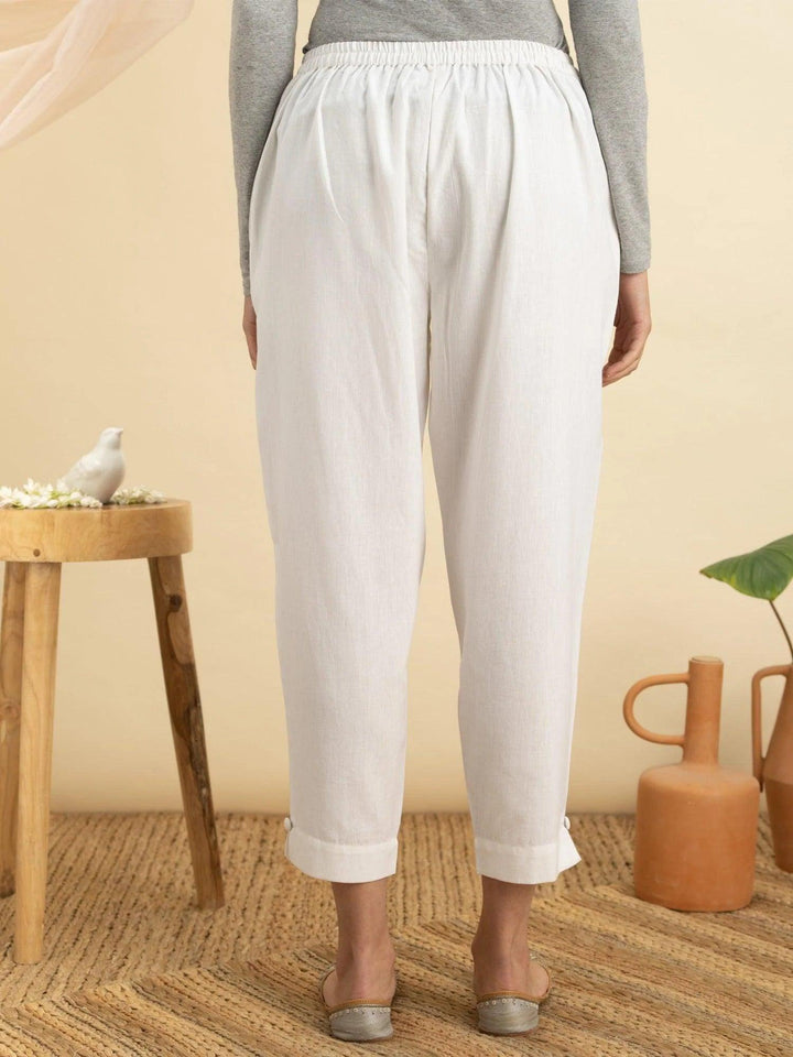 White Solid Cotton Trousers - ShopLibas