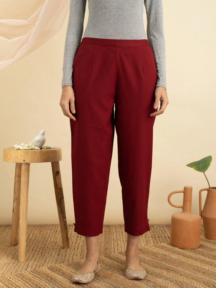 Maroon Solid Cotton Trousers - ShopLibas