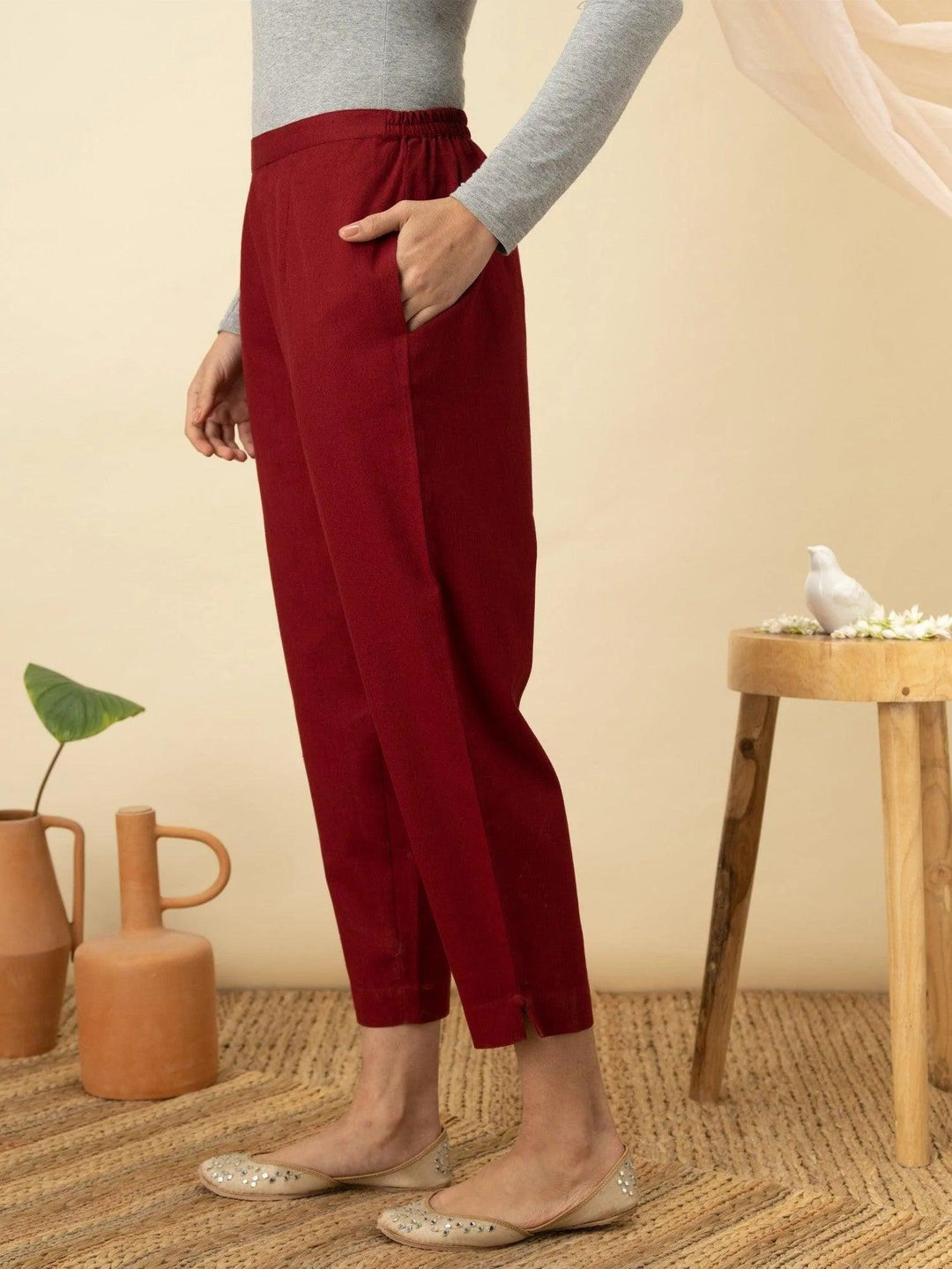 Maroon Solid Cotton Trousers - ShopLibas