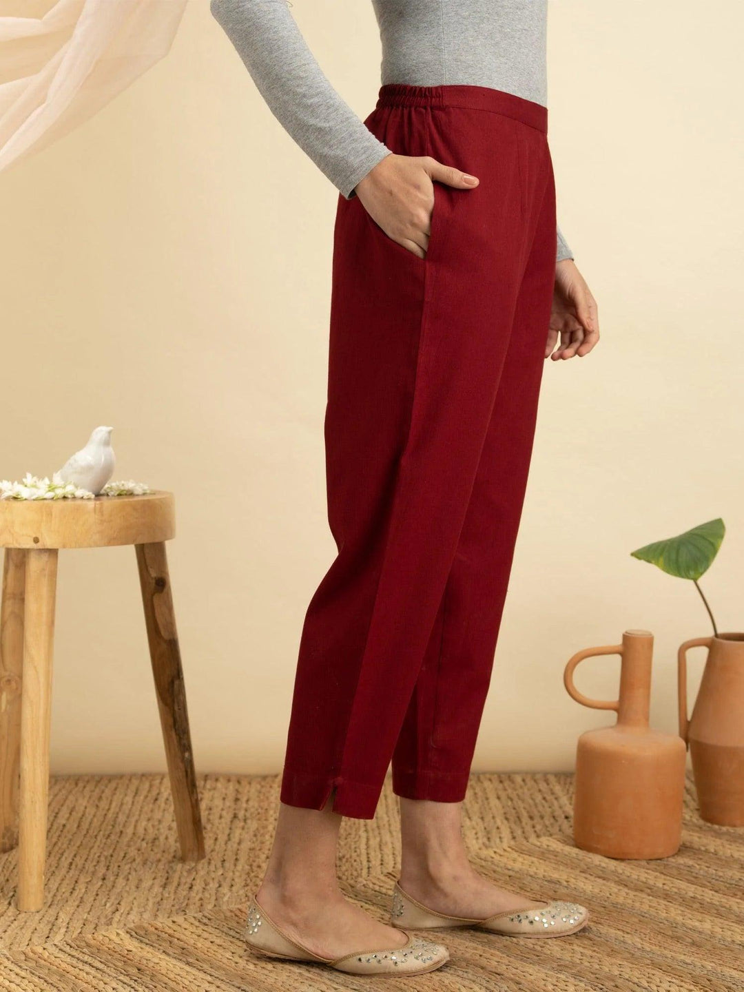 Maroon Solid Cotton Trousers - ShopLibas