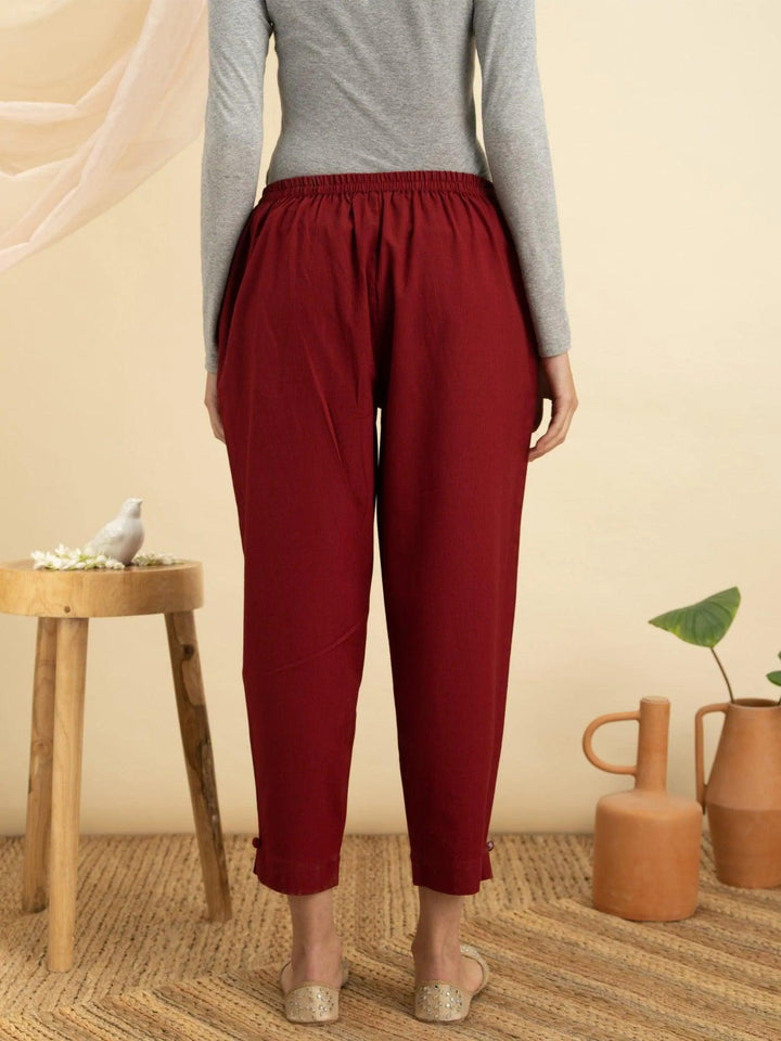 Maroon Solid Cotton Trousers - ShopLibas