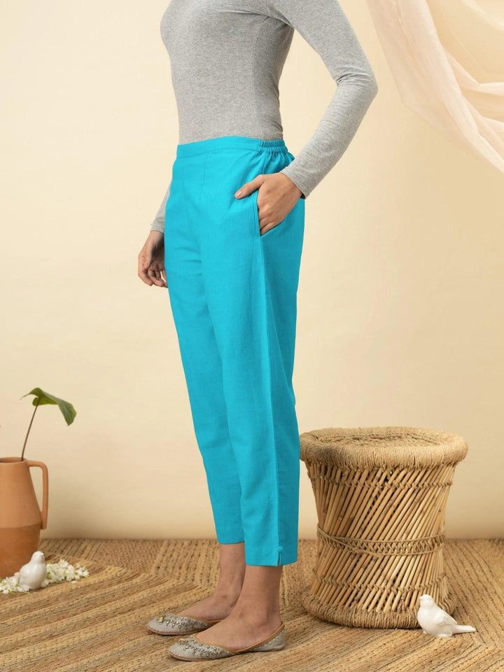 Blue Solid Cotton Trousers - ShopLibas