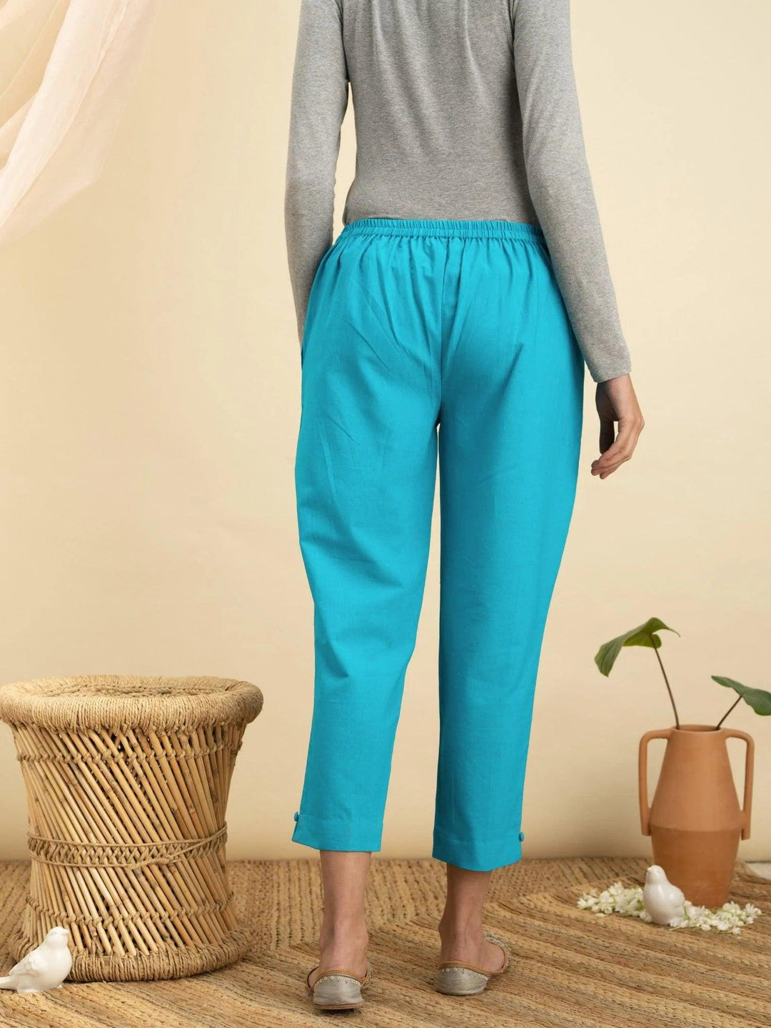 Blue Solid Cotton Trousers - ShopLibas