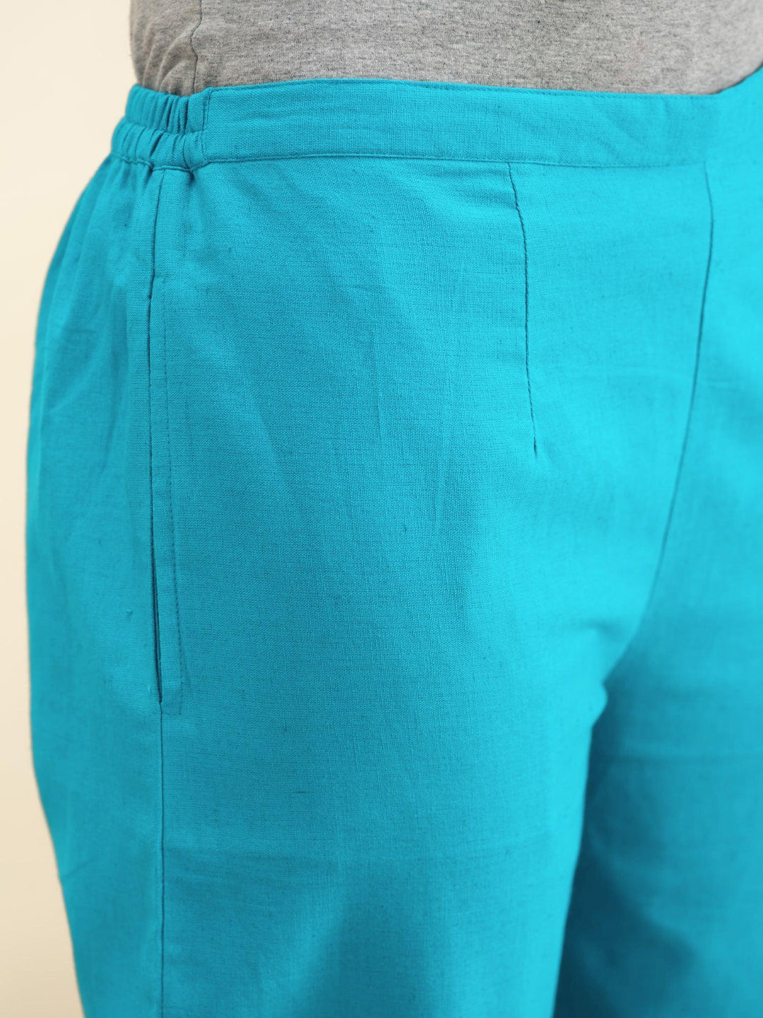 Blue Solid Cotton Trousers - ShopLibas