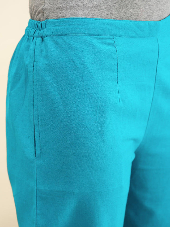 Blue Solid Cotton Trousers - ShopLibas