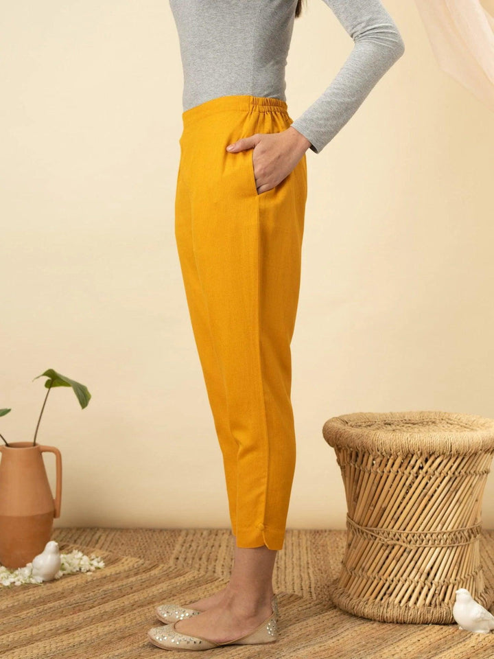 Yellow Solid Cotton Trousers - ShopLibas