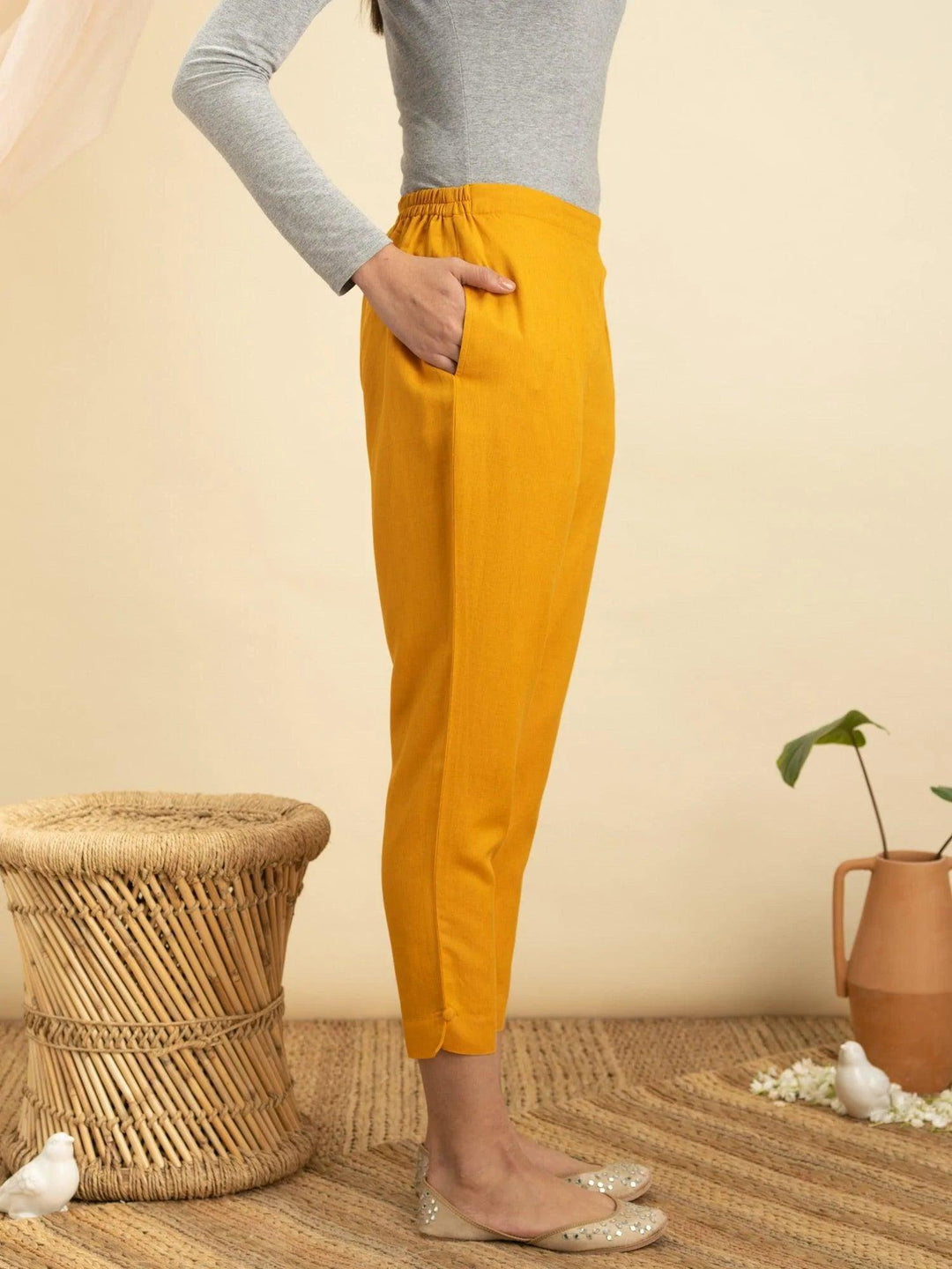 Yellow Solid Cotton Trousers - ShopLibas